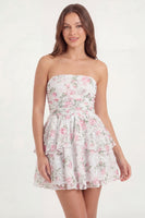 Laden Sie das Bild in den Galerie-Viewer, Weißes Rosa Blumiges Trägerloses Mini Abschlusskleid mit Rüschen