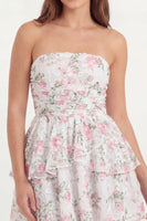 Laden Sie das Bild in den Galerie-Viewer, Weißes Rosa Blumiges Trägerloses Mini Abschlusskleid mit Rüschen