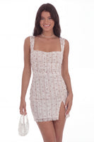 Laden Sie das Bild in den Galerie-Viewer, Weißes Geblümter Bodycon Kurzes Cocktailkleid mit Schlitz
