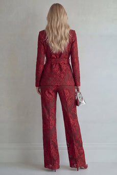Rote Spitze Peak Revers Floral 2-teilige Slim Fit Abschlussballanzüge mit Gürtel