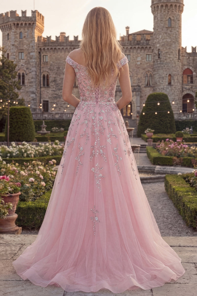 Laden Sie das Bild in den Galerie-Viewer, Glitzerndes Blaues Schulterloses A-Linie Korsett Tüll Langes Ballkleid mit Applikationen