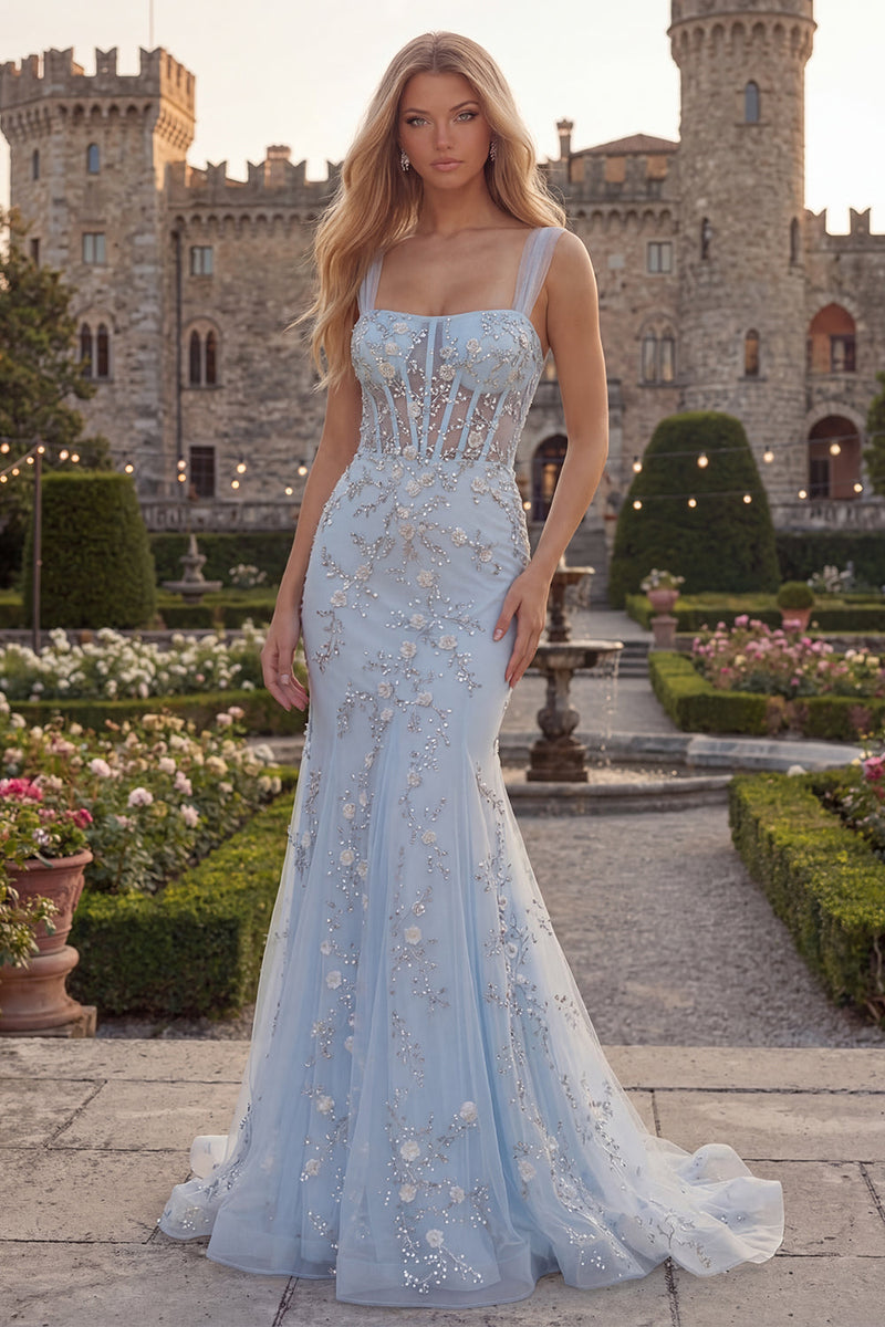 Laden Sie das Bild in den Galerie-Viewer, Glitzerndes Blaues Meerjungfrauen Spaghetti-Träger Korsett Langes Abschlussballkleid mit Strasssteinen