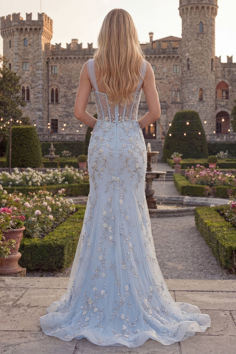 Laden Sie das Bild in den Galerie-Viewer, Glitzerndes Blaues Meerjungfrauen Spaghetti-Träger Korsett Langes Abschlussballkleid mit Strasssteinen