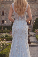 Laden Sie das Bild in den Galerie-Viewer, Glitzerndes Blaues Meerjungfrauen Spaghetti-Träger Korsett Langes Abschlussballkleid mit Strasssteinen