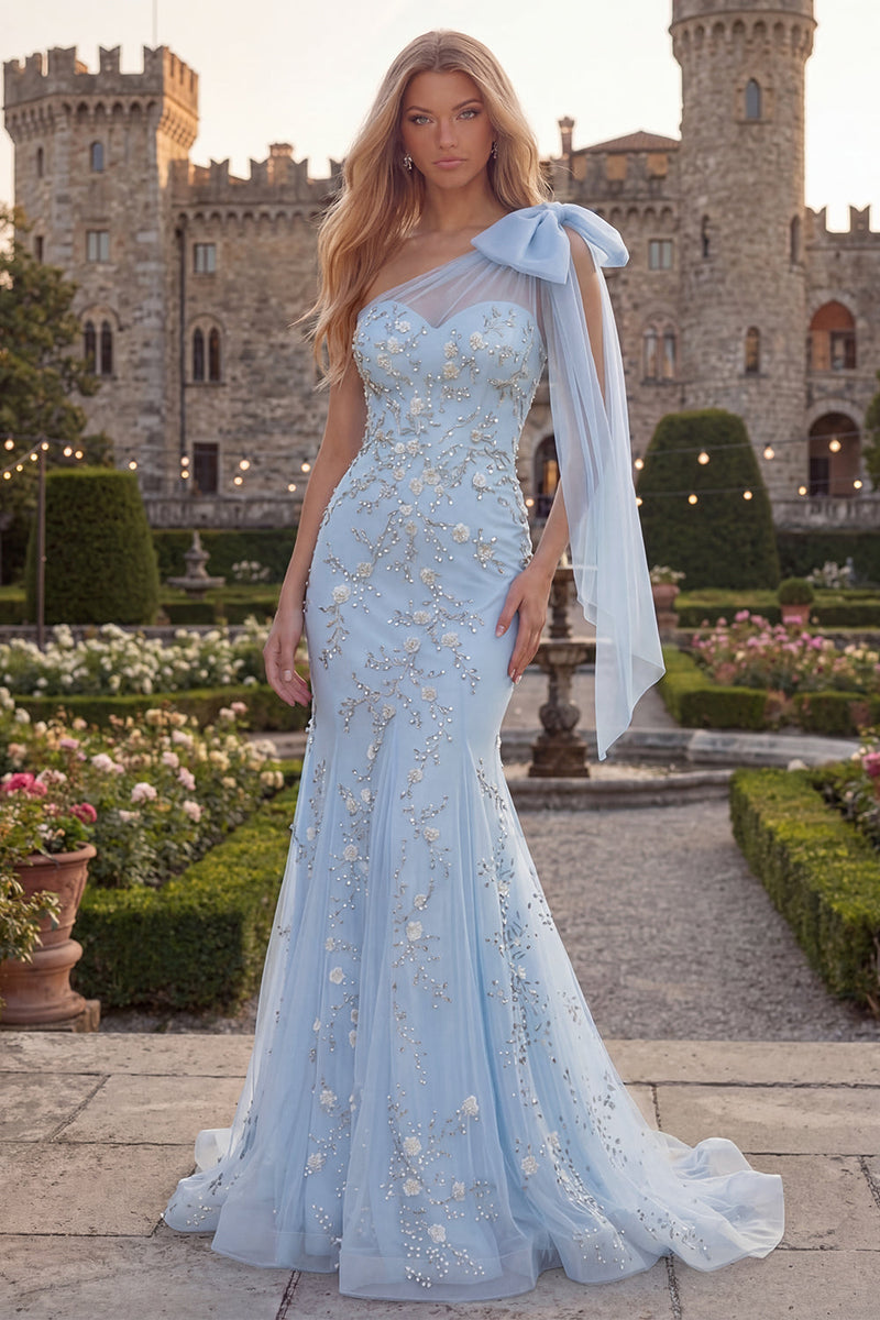 Laden Sie das Bild in den Galerie-Viewer, Glitzerndes Blaues Einschulter Meerjungfrauen Abschlussballkleid mit Schleife