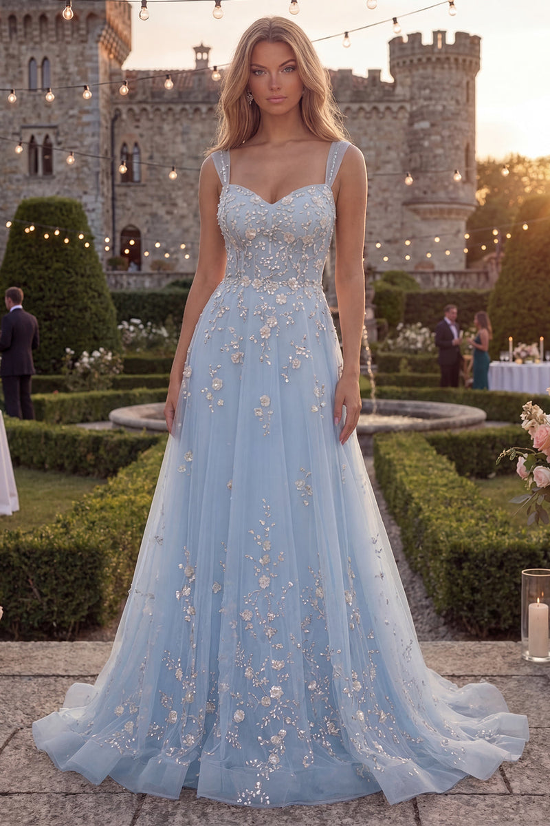 Laden Sie das Bild in den Galerie-Viewer, Glitzerndes Blaues A-Linie Spaghetti-Träger Strasssteinen Tüll Langes Ballkleid mit Applikationen
