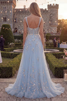 Laden Sie das Bild in den Galerie-Viewer, Glitzerndes Blaues A-Linie Spaghetti-Träger Strasssteinen Tüll Langes Ballkleid mit Applikationen
