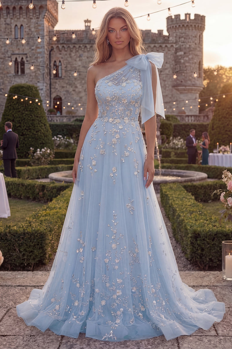 Laden Sie das Bild in den Galerie-Viewer, Glitzerndes Blaues A-Linie Langes Tüll Abschlussballkleid mit einer Schulter Schleife und Applikationen