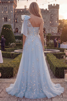 Glitzerndes Blaues A-Linie Langes Tüll Abschlussballkleid mit einer Schulter Schleife und Applikationen