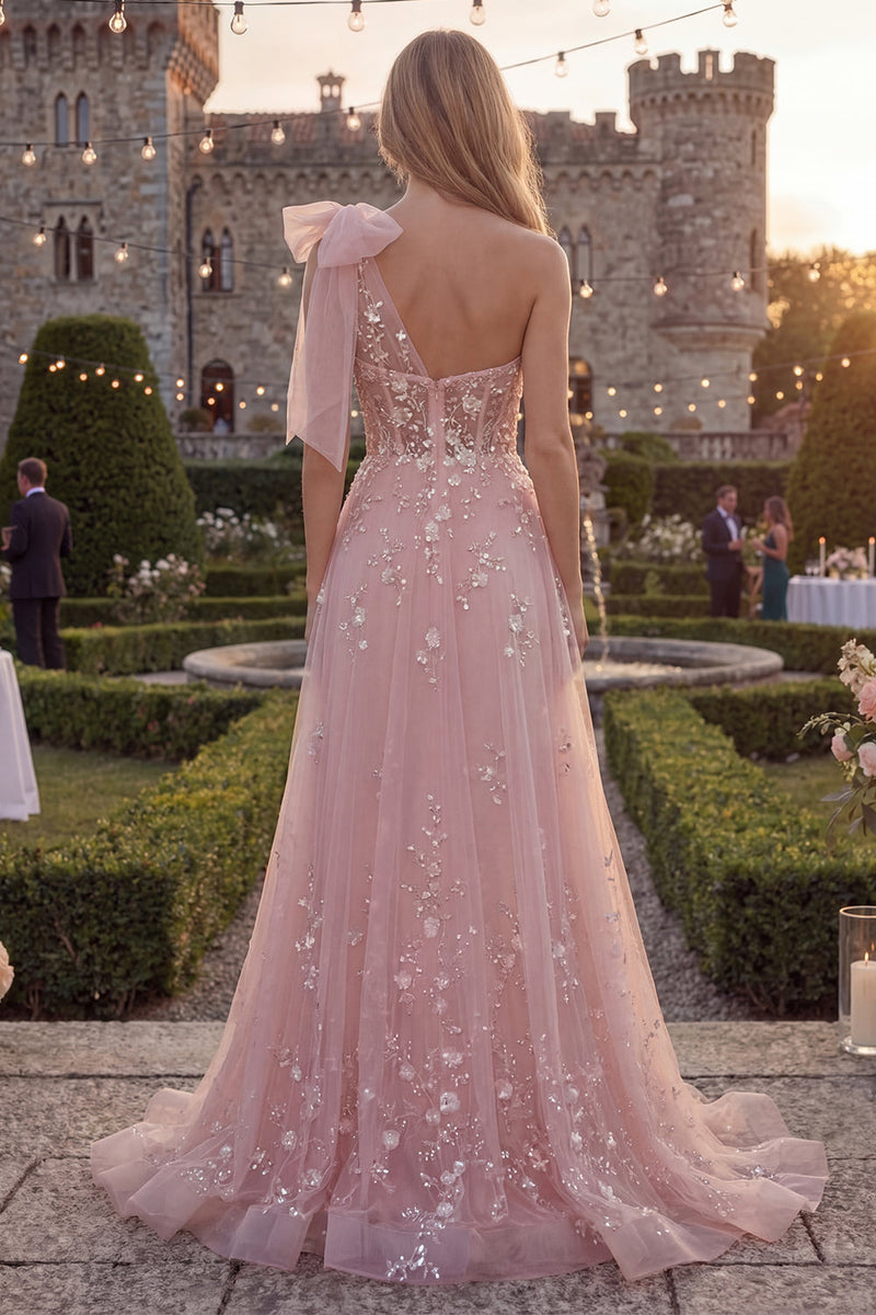 Laden Sie das Bild in den Galerie-Viewer, Glitzerndes Blaues A-Linie Langes Tüll Abschlussballkleid mit einer Schulter Schleife und Applikationen