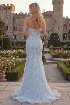 Glitzerndes Blaues Meerjungfrauen Herzausschnitt Tüll Abschlussballkleid mit Applikationen