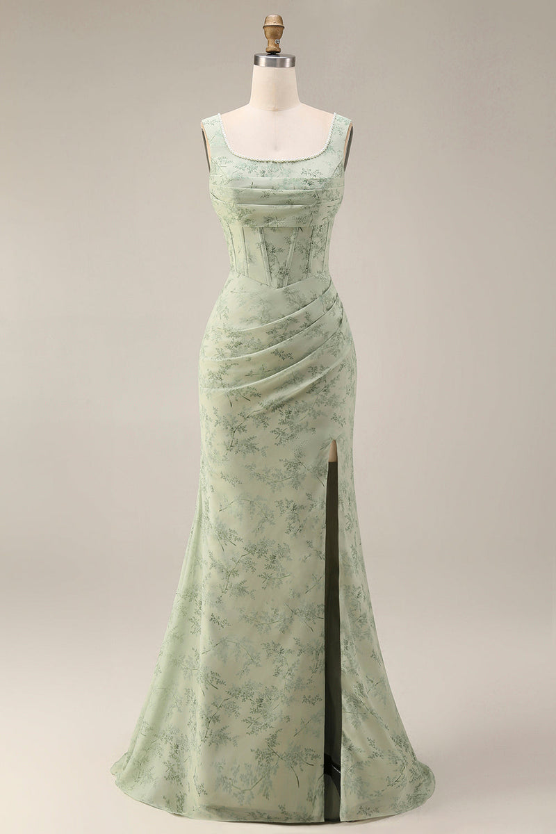 Laden Sie das Bild in den Galerie-Viewer, Staubiges Salbei Meerjungfrauen Floral Quadrathals Langes Ballkleid mit Schlitz