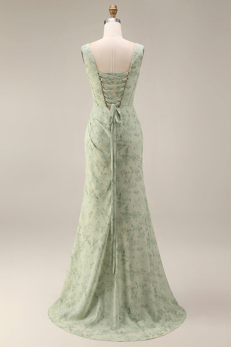 Laden Sie das Bild in den Galerie-Viewer, Staubiges Salbei Meerjungfrauen Floral Quadrathals Langes Ballkleid mit Schlitz