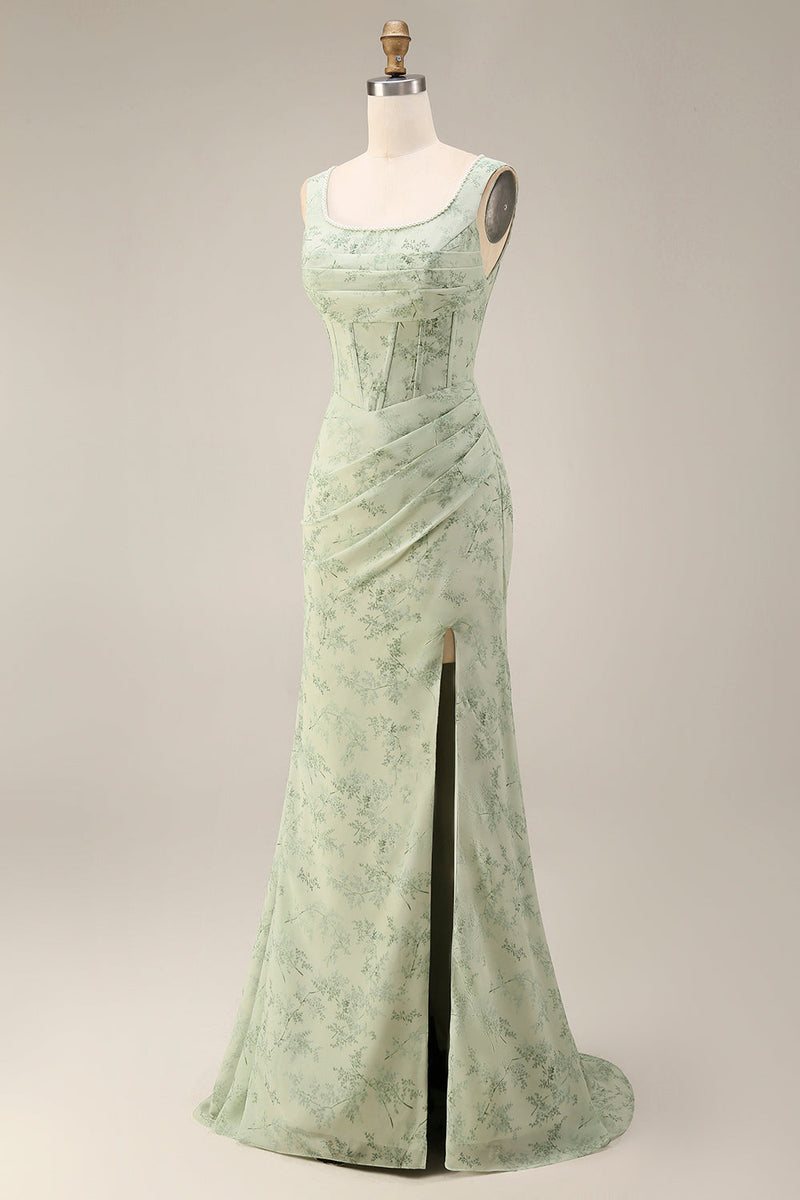 Laden Sie das Bild in den Galerie-Viewer, Staubiges Salbei Meerjungfrauen Floral Quadrathals Langes Ballkleid mit Schlitz