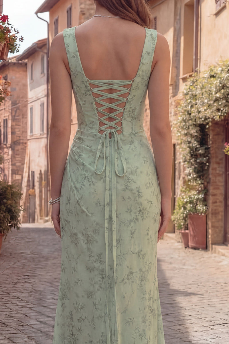 Laden Sie das Bild in den Galerie-Viewer, Staubiges Salbei Meerjungfrauen Floral Quadrathals Langes Ballkleid mit Schlitz