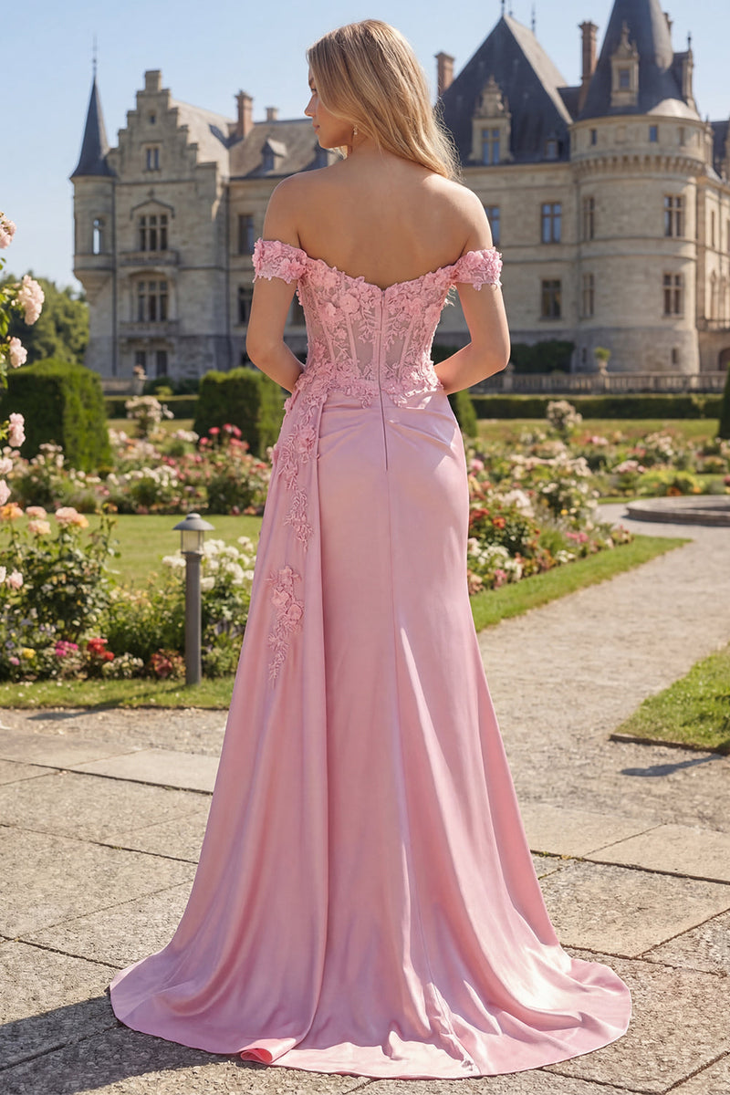 Laden Sie das Bild in den Galerie-Viewer, Pinkes Meerjungfrauen-Transparentes Korsett ohne Schultern langes Abschlussballkleid mit Schlitz