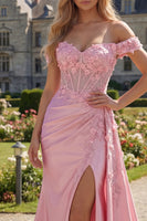 Laden Sie das Bild in den Galerie-Viewer, Pinkes, gefaltetes Meerjungfrauen-Korsett, langes Abschlussballkleid mit Seitenumhang