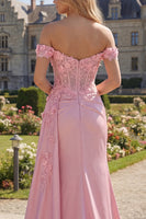 Laden Sie das Bild in den Galerie-Viewer, Pinkes, gefaltetes Meerjungfrauen-Korsett, langes Abschlussballkleid mit Seitenumhang