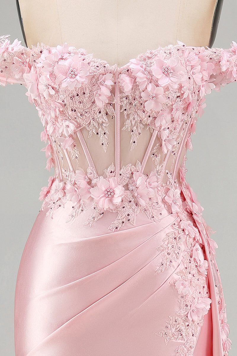 Laden Sie das Bild in den Galerie-Viewer, Pinkes Meerjungfrauen-Transparentes Korsett ohne Schultern langes Abschlussballkleid mit Schlitz