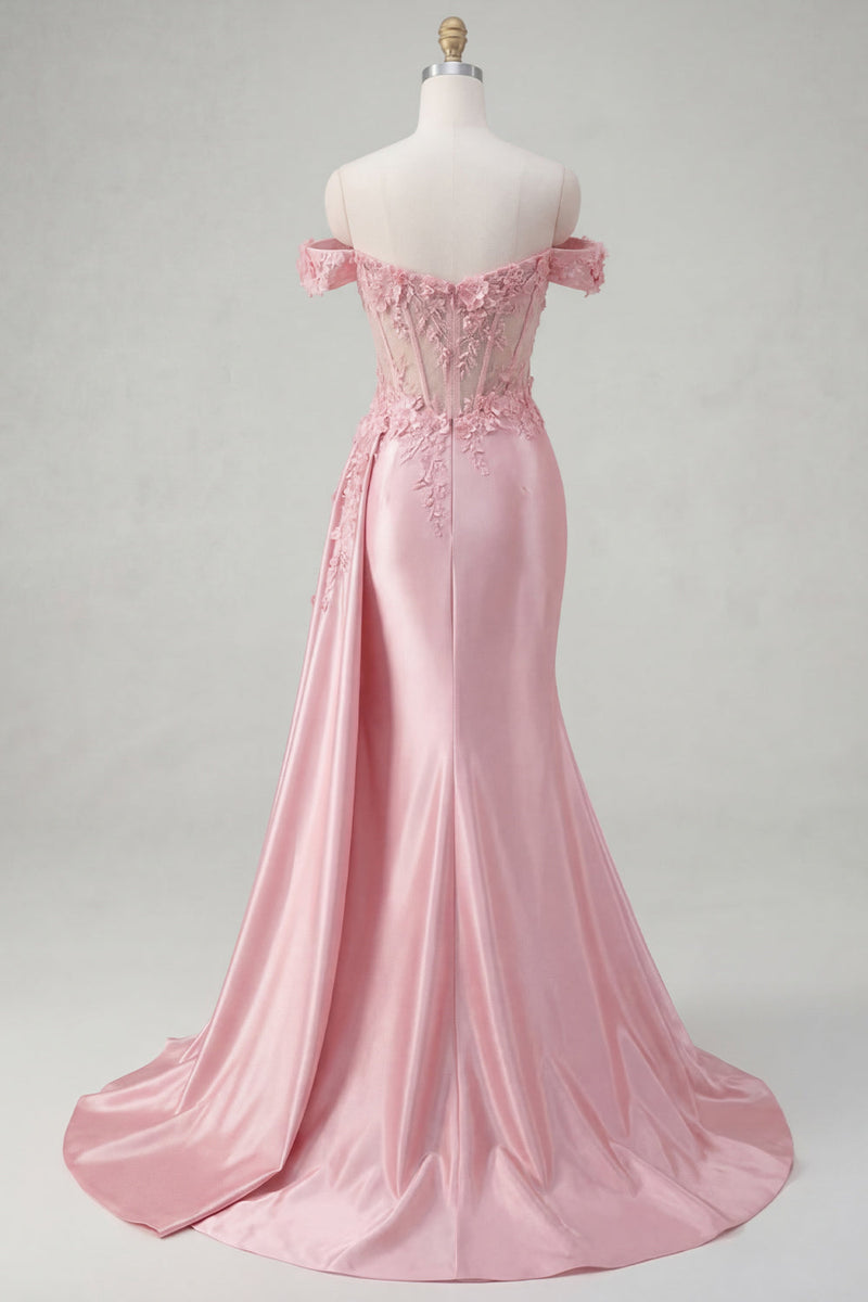Laden Sie das Bild in den Galerie-Viewer, Pinkes Meerjungfrauen-Transparentes Korsett ohne Schultern langes Abschlussballkleid mit Schlitz