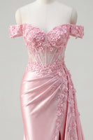 Laden Sie das Bild in den Galerie-Viewer, Pinkes, gefaltetes Meerjungfrauen-Korsett, langes Abschlussballkleid mit Seitenumhang