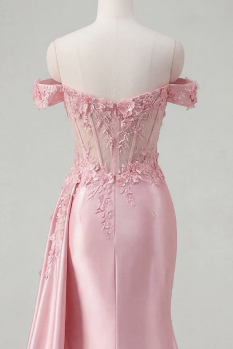 Laden Sie das Bild in den Galerie-Viewer, Pinkes Meerjungfrauen-Transparentes Korsett ohne Schultern langes Abschlussballkleid mit Schlitz