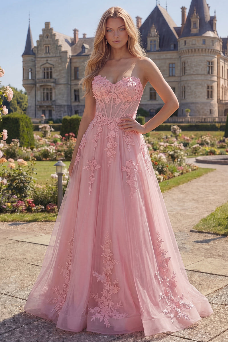 Laden Sie das Bild in den Galerie-Viewer, Sweetheart Pink Korsett A-Linie langes Abschlussballkleid mit Applikationen