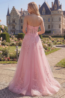 Sweetheart Pink Korsett A-Linie langes Abschlussballkleid mit Applikationen