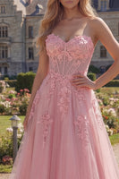 Laden Sie das Bild in den Galerie-Viewer, Sweetheart Pink Korsett A-Linie langes Abschlussballkleid mit Applikationen