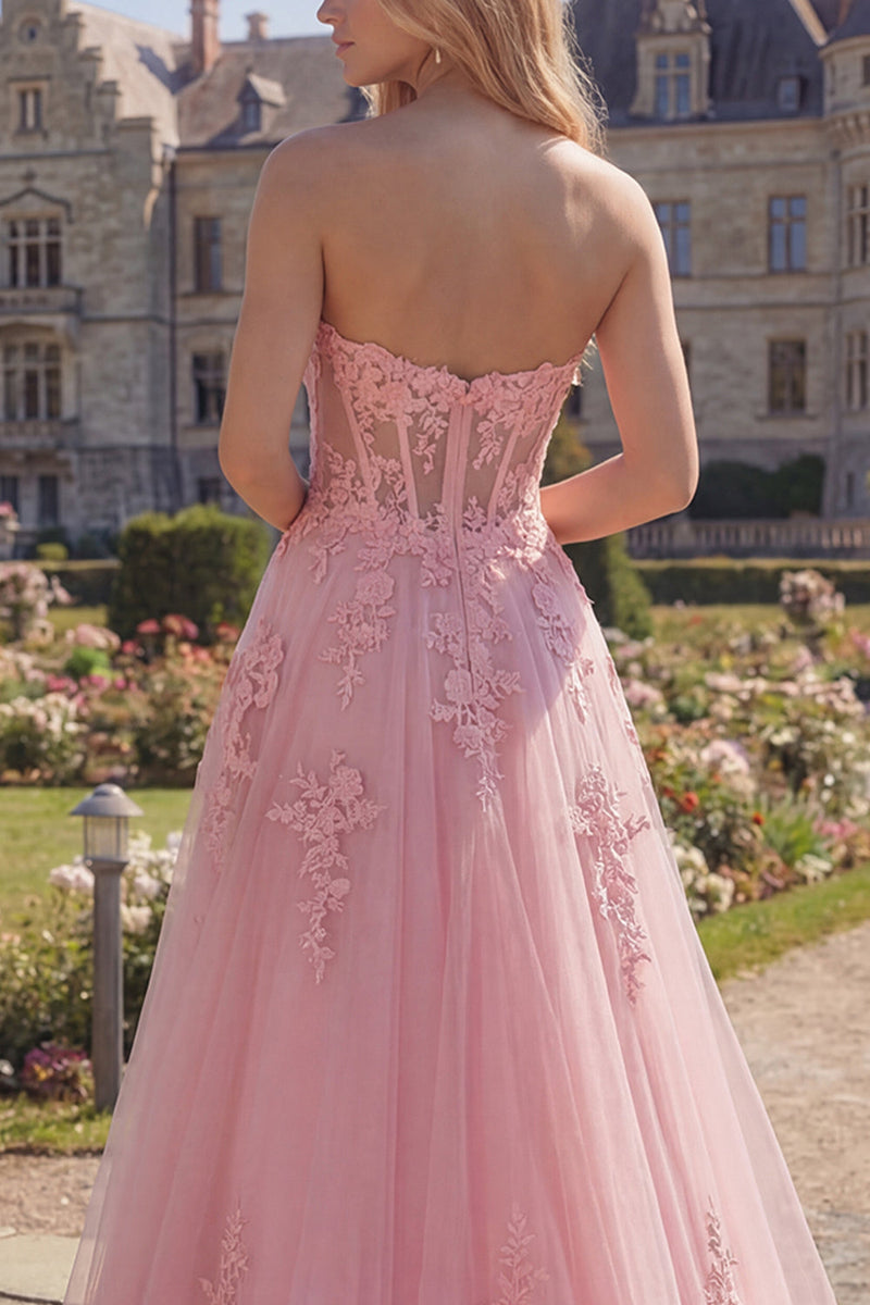 Laden Sie das Bild in den Galerie-Viewer, Sweetheart Pink Korsett A-Linie langes Abschlussballkleid mit Applikationen