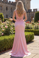 Laden Sie das Bild in den Galerie-Viewer, Blumenrosa V-Ausschnitt mit gerafftem Meerjungfrauen-Korsett, langes Abschlussballkleid mit Schlitz