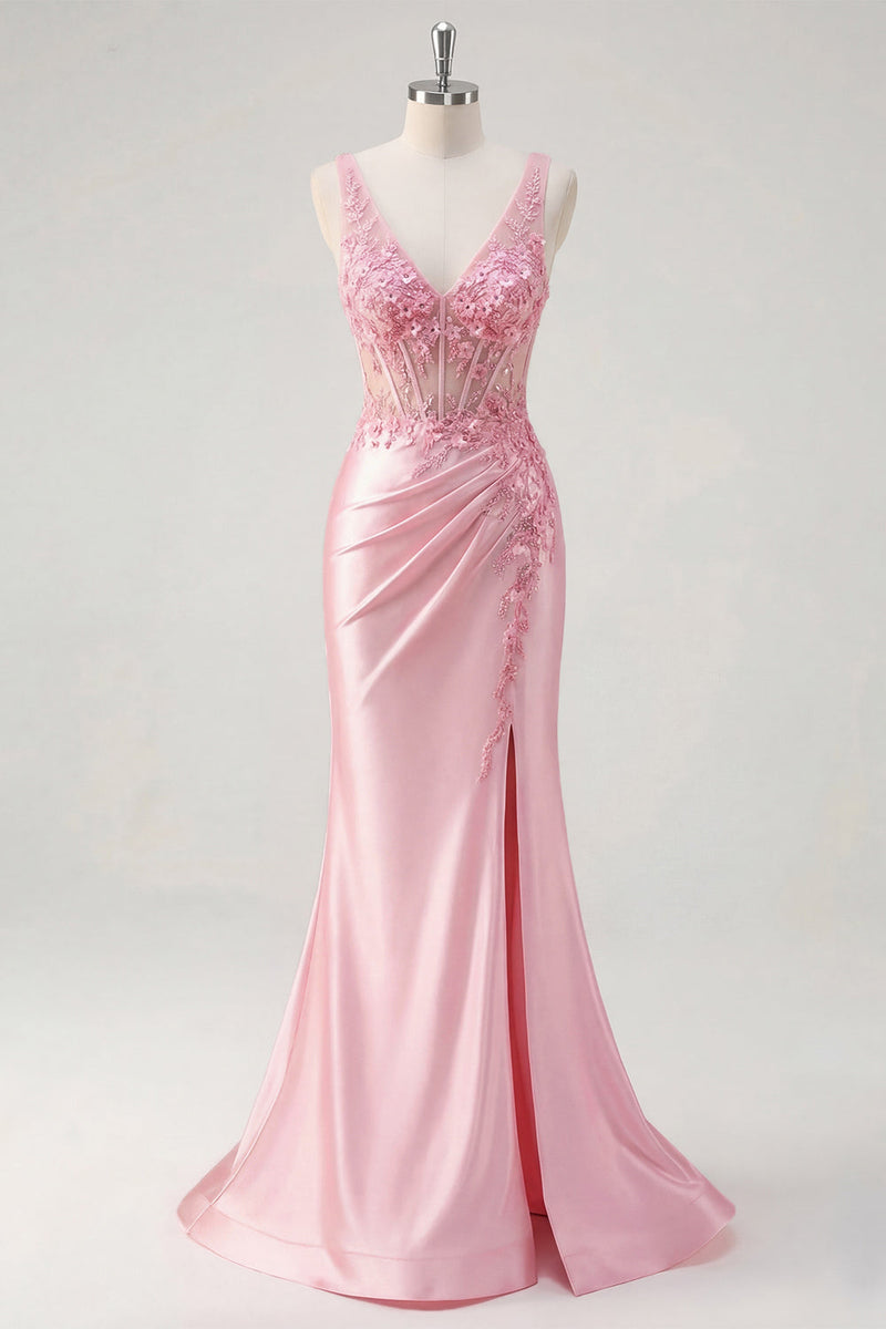 Laden Sie das Bild in den Galerie-Viewer, Blumenrosa V-Ausschnitt mit gerafftem Meerjungfrauen-Korsett, langes Abschlussballkleid mit Schlitz