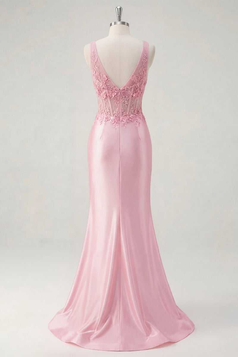 Laden Sie das Bild in den Galerie-Viewer, Blumenrosa V-Ausschnitt mit gerafftem Meerjungfrauen-Korsett, langes Abschlussballkleid mit Schlitz