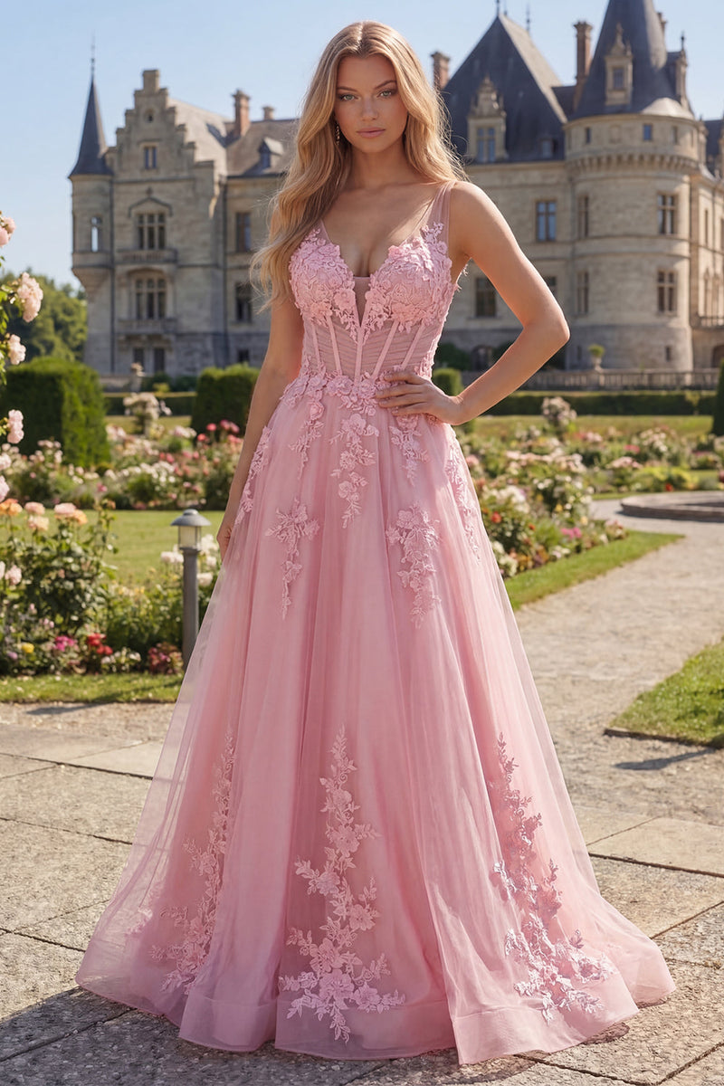 Laden Sie das Bild in den Galerie-Viewer, Rosa A-Linie V-Ausschnitt Korsett, langes Tüll-Abschlussballkleid