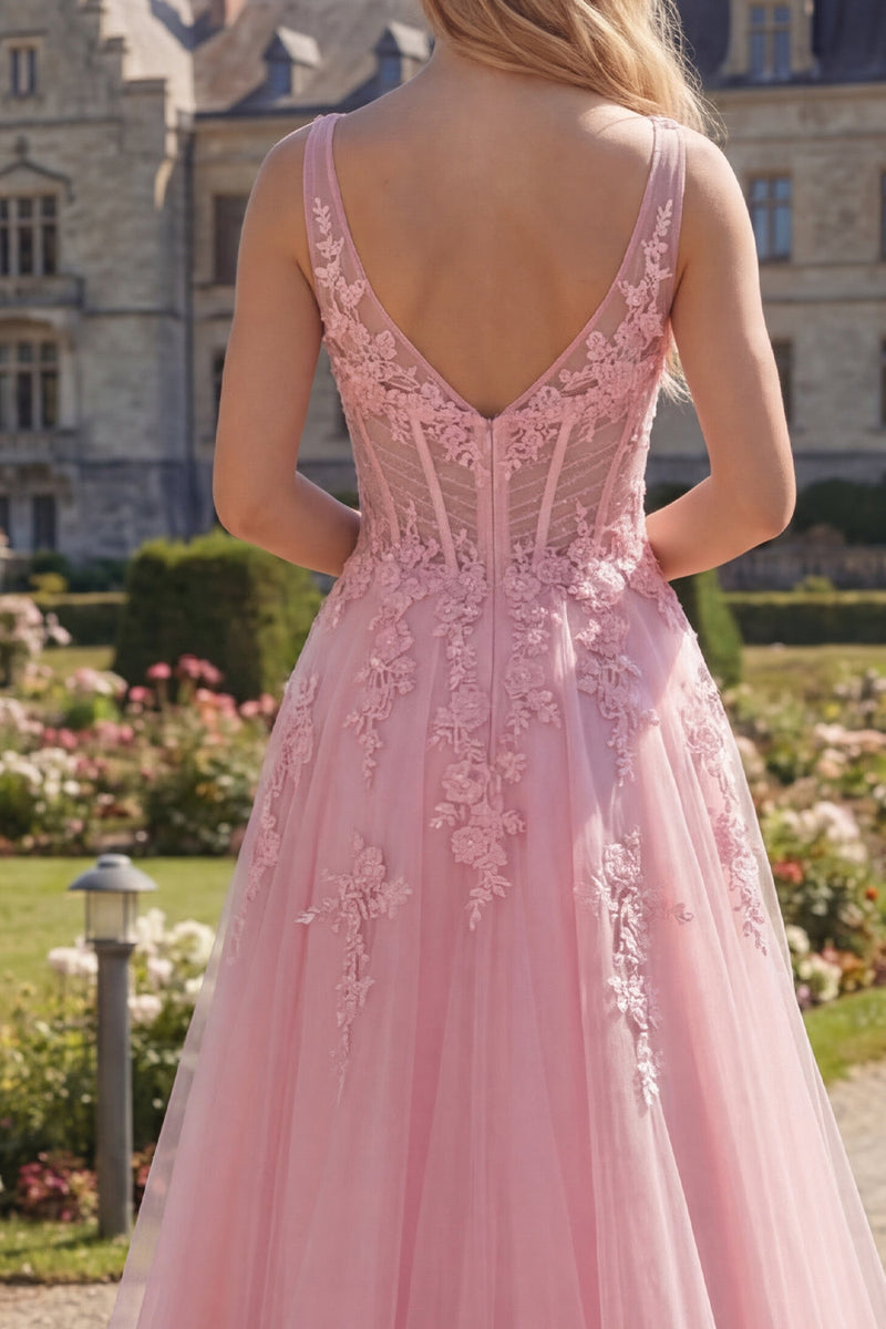 Laden Sie das Bild in den Galerie-Viewer, Rosa A-Linie V-Ausschnitt Korsett, langes Tüll-Abschlussballkleid