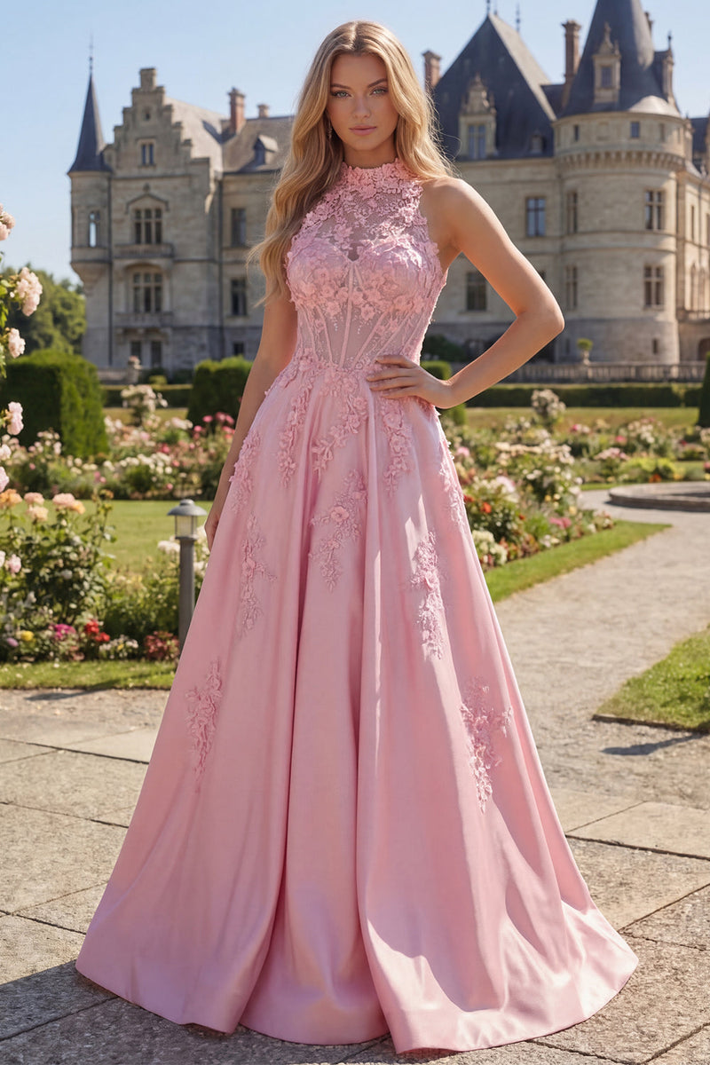 Laden Sie das Bild in den Galerie-Viewer, Halter Rosa Korsett A-Linie Langes Ballkleid mit Schleife