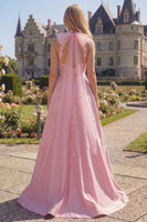 Laden Sie das Bild in den Galerie-Viewer, Halter Rosa Korsett A-Linie Langes Ballkleid mit Schleife