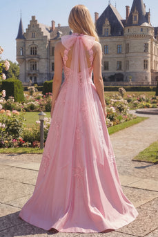 Halter Rosa Korsett A-Linie Langes Ballkleid mit Schleife