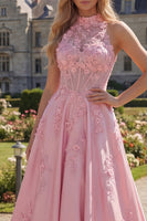 Laden Sie das Bild in den Galerie-Viewer, Halter Rosa Korsett A-Linie Langes Ballkleid mit Schleife