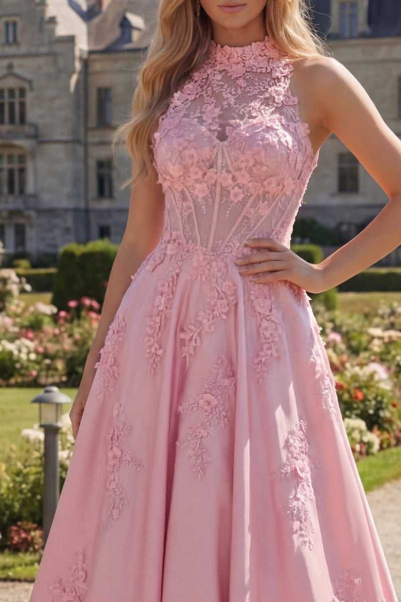 Laden Sie das Bild in den Galerie-Viewer, Halter Rosa Korsett A-Linie Langes Ballkleid mit Schleife