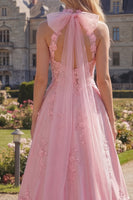 Laden Sie das Bild in den Galerie-Viewer, Halter Rosa Korsett A-Linie Langes Ballkleid mit Schleife