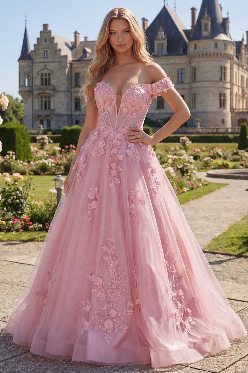 Laden Sie das Bild in den Galerie-Viewer, Off-the-shoulder pinkes A-Linie langes Korsett-Abschlussballkleid mit 3D-Blumen