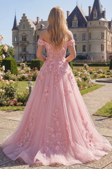 Off-the-shoulder pinkes A-Linie langes Korsett-Abschlussballkleid mit 3D-Blumen