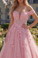 Laden Sie das Bild in den Galerie-Viewer, Off-the-shoulder pinkes A-Linie langes Korsett-Abschlussballkleid mit 3D-Blumen