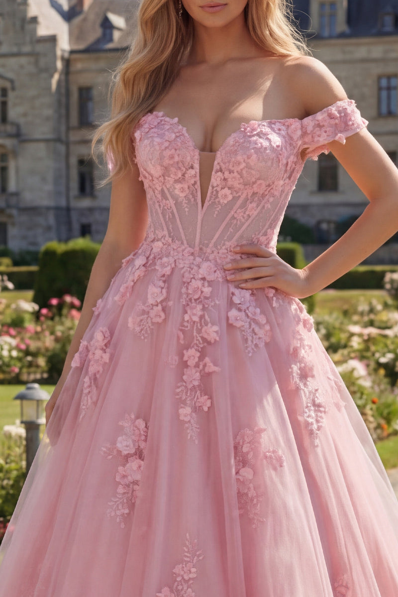 Laden Sie das Bild in den Galerie-Viewer, Off-the-shoulder pinkes A-Linie langes Korsett-Abschlussballkleid mit 3D-Blumen