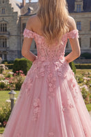 Laden Sie das Bild in den Galerie-Viewer, Off-the-shoulder pinkes A-Linie langes Korsett-Abschlussballkleid mit 3D-Blumen