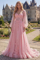 Laden Sie das Bild in den Galerie-Viewer, Pink Flower A-Linie, transparentes Korsett-Applikationskleid mit langem Abschlussball und langen Ärmeln