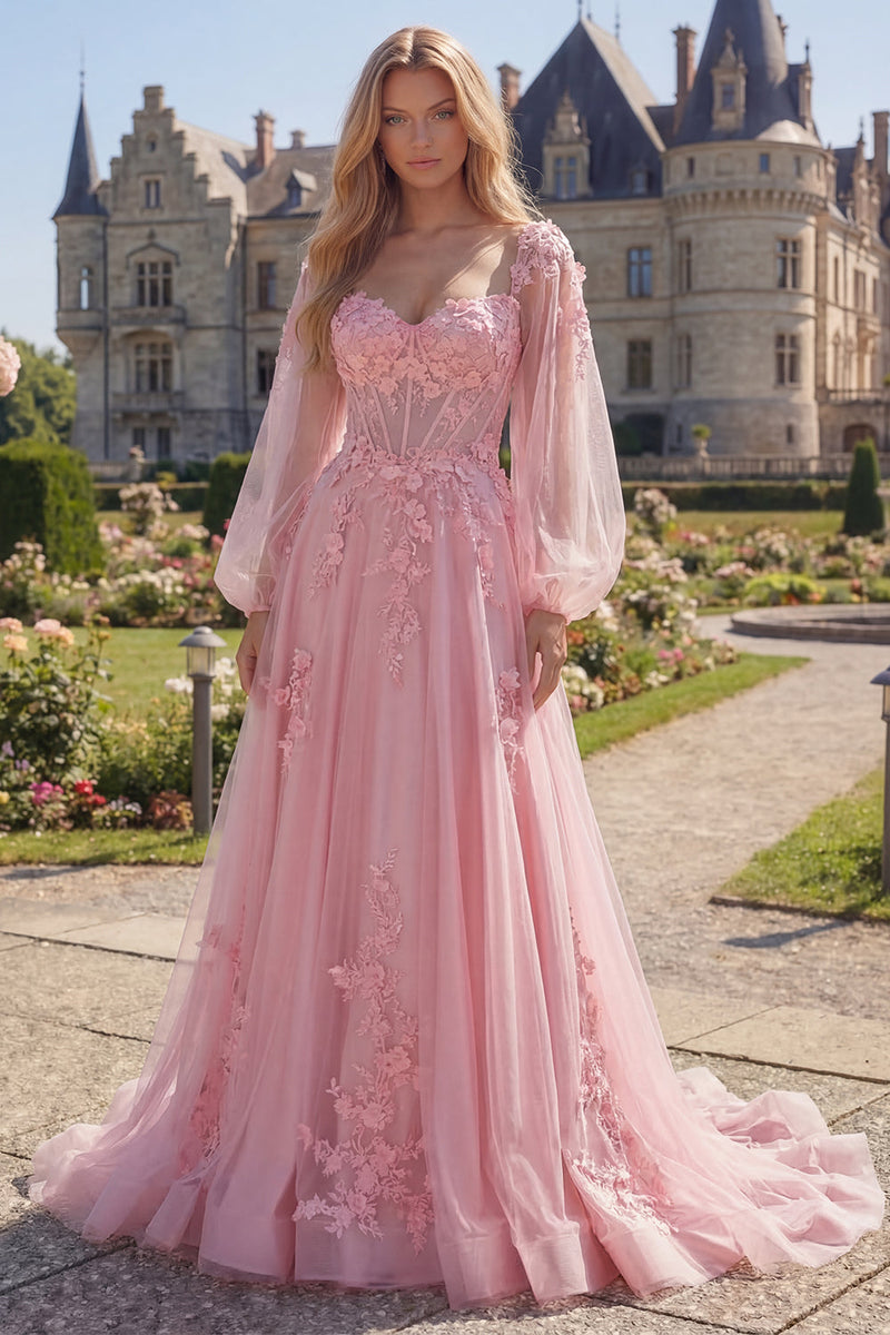Laden Sie das Bild in den Galerie-Viewer, Pink Flower A-Linie, transparentes Korsett-Applikationskleid mit langem Abschlussball und langen Ärmeln