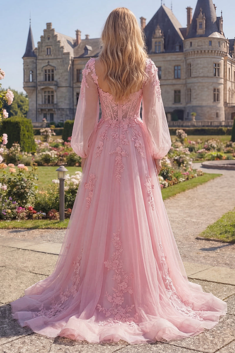Laden Sie das Bild in den Galerie-Viewer, Pink Flower A-Linie, transparentes Korsett-Applikationskleid mit langem Abschlussball und langen Ärmeln