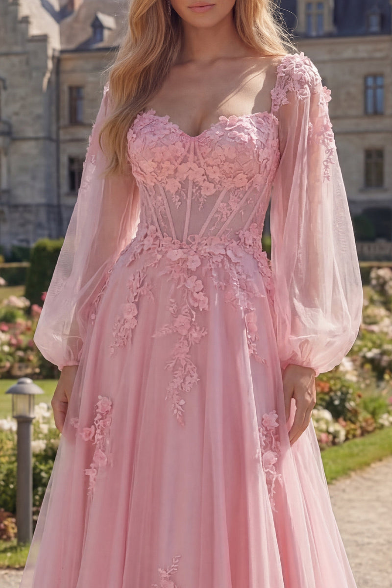 Laden Sie das Bild in den Galerie-Viewer, Pink Flower A-Linie, transparentes Korsett-Applikationskleid mit langem Abschlussball und langen Ärmeln